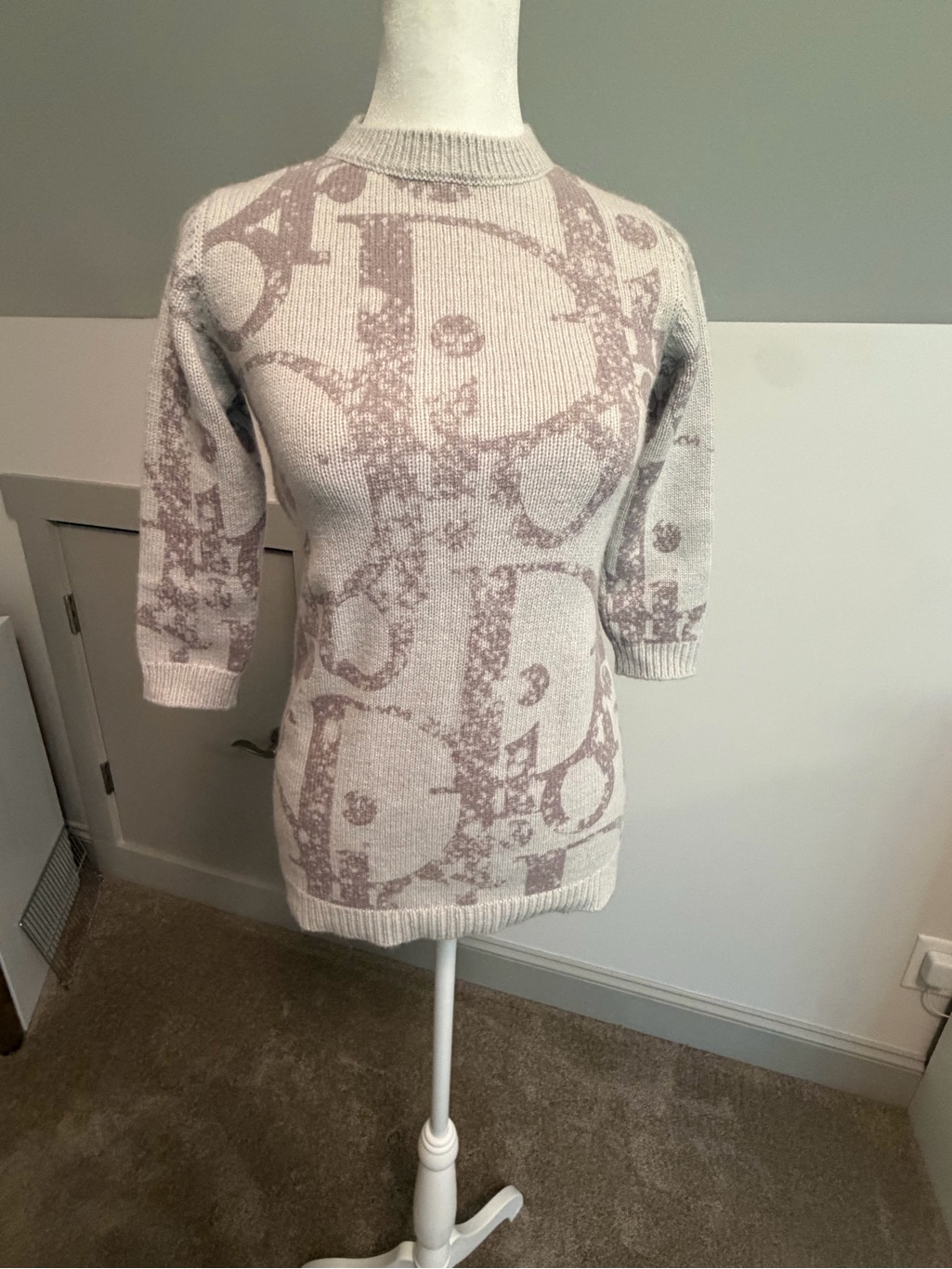 Christian Dior Girls Logo Knit Pullover Sweater Dress Cashmere Blend Gray/Pink 6